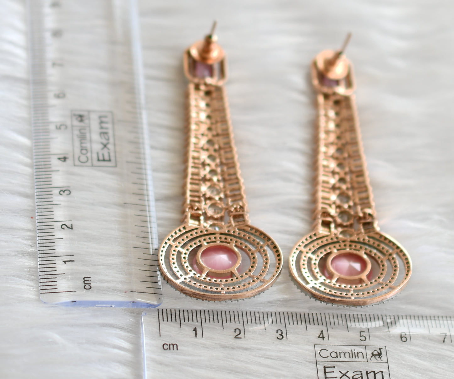 Rose Gold Tone Cz Baby Pink Monalisa Long Earrings DJ30161