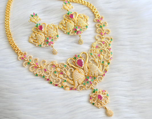 Gold tone cz-ruby-emerald peacock necklace set dj-05813