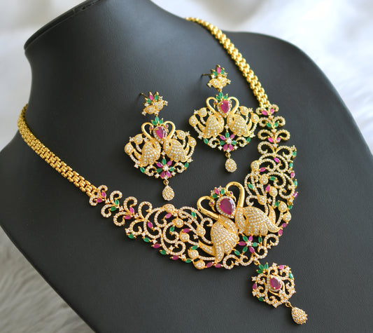 Gold tone cz-ruby-emerald peacock necklace set dj-05813