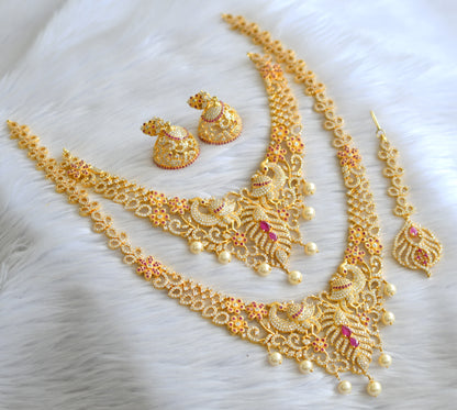 Gold tone cz-ruby-white peacock semi bridal set dj-07748