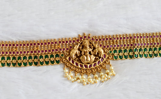 Antique gold tone kemp-green pearl bead lakshmi elephant waist band dj-50407