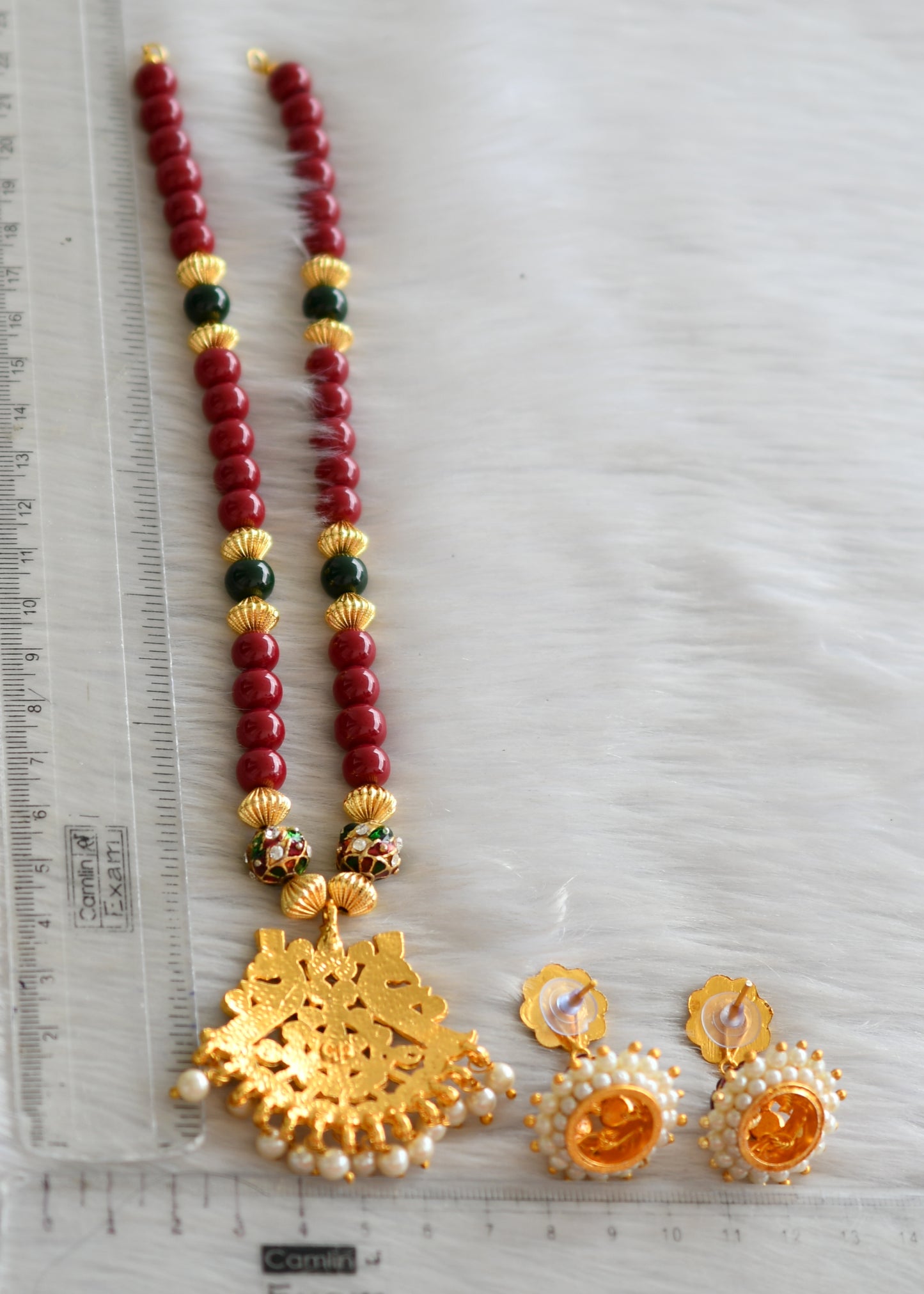 Gold tone red-green temple necklace set dj-27250