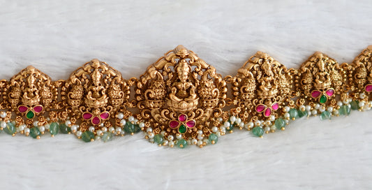 Antique gold tone pink-green kundan jadau green beaded lakshmi peacock waist band dj-50408