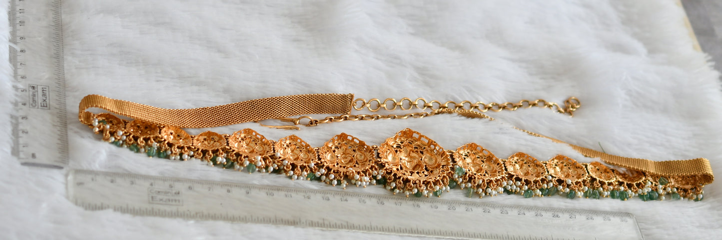 Antique gold tone pink-green kundan jadau green beaded lakshmi peacock waist band dj-50408