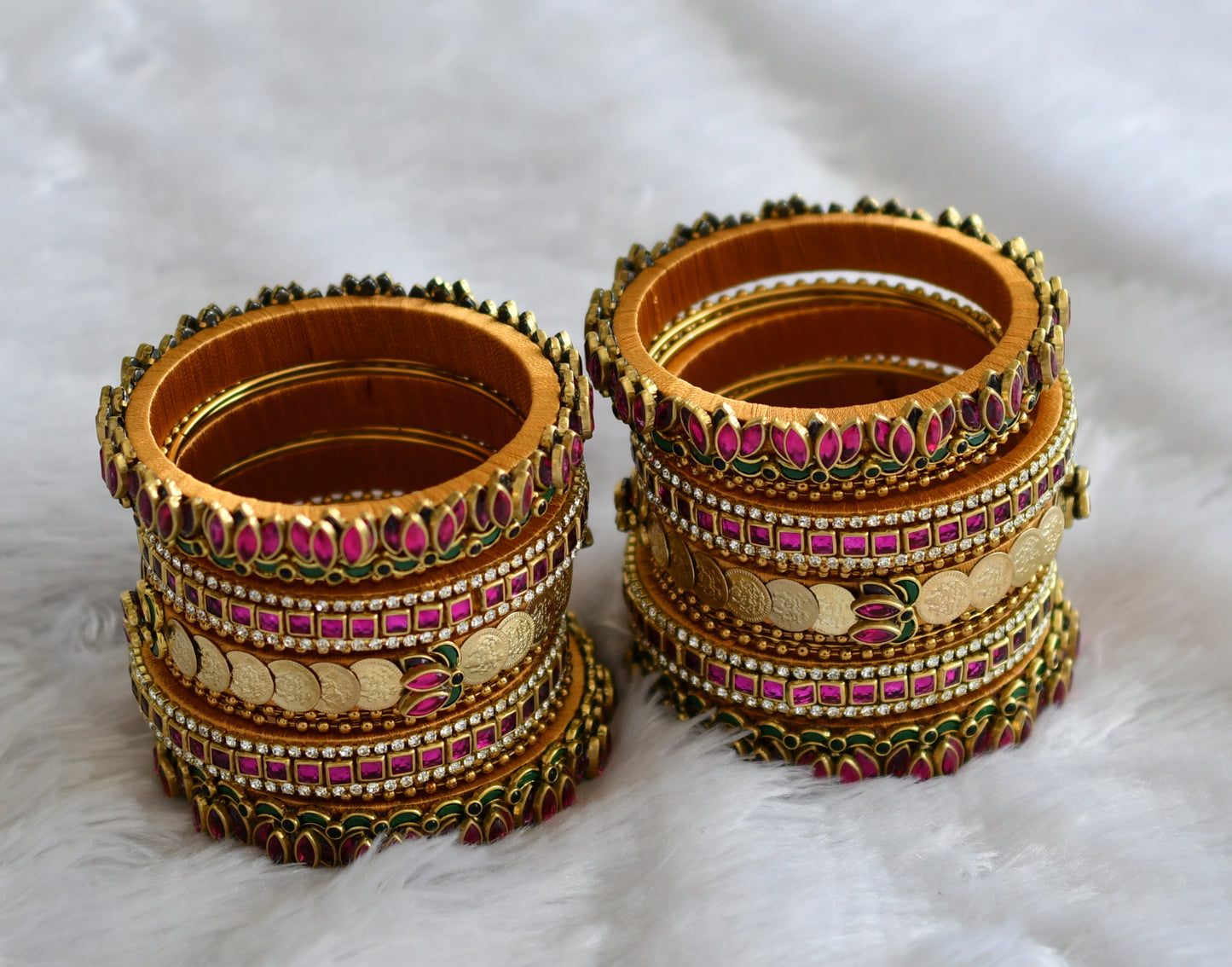 Gold tone silk thread pink-green-white kundan lotus lakshmi coin bangles(2.4) dj-46701