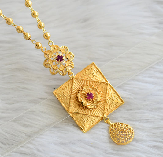 Matte gold tone 24 inches ball chain with ruby stone square pendant dj-44990