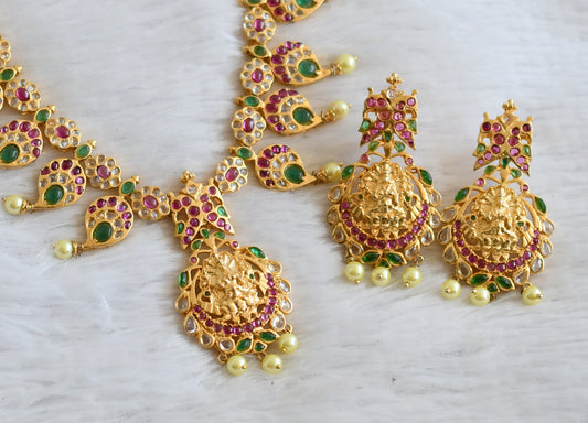 Gold tone semi precious ruby-emerald polki stone lakshmi mango necklace set dj-50414
