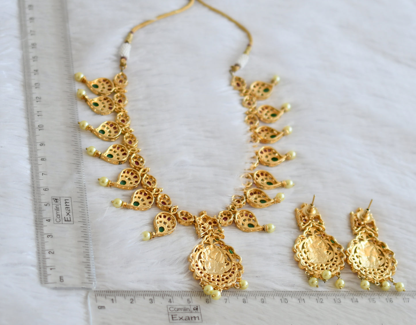 Gold tone semi precious ruby-emerald polki stone lakshmi mango necklace set dj-50414