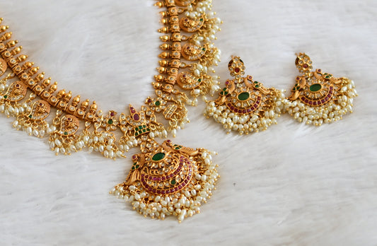 Matte finish ruby-emerald mango peacock Thirumal Nama rice pearl gutta pusalu haar set dj-50425