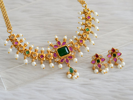 Matte finish real kemp-green-white pearl block stone choker necklace set dj-45022