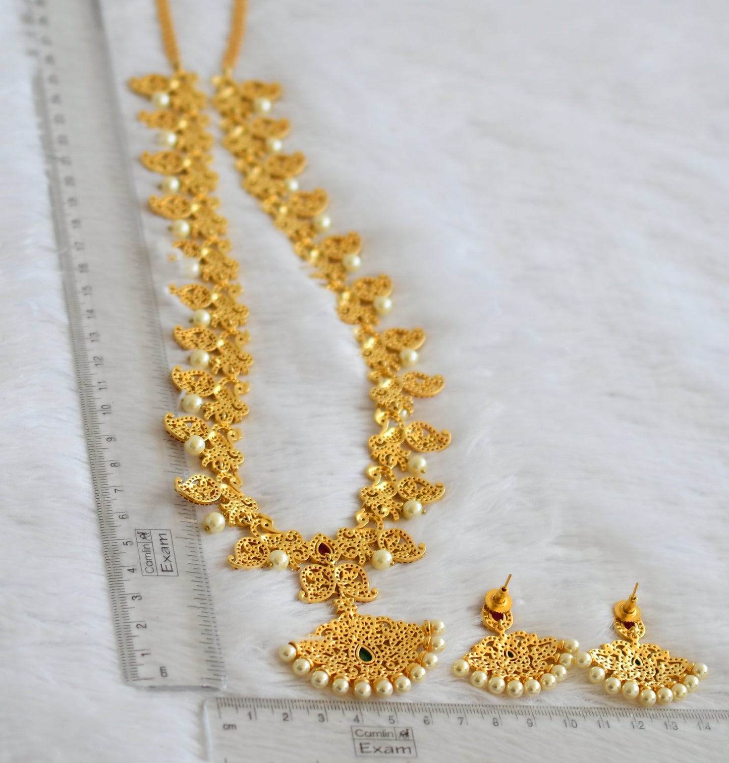 Gold tone cz ruby-emerald pearl mango peacock haar set dj-50421