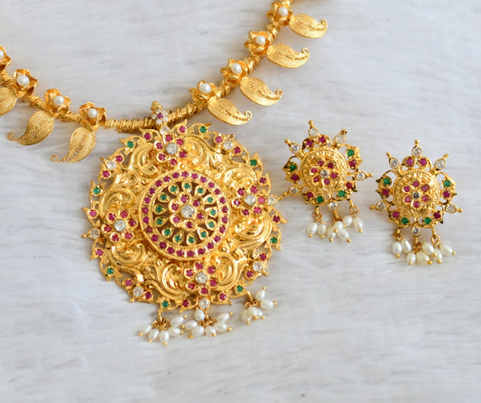 Gold look alike ruby-emerald-pearl mango flower kante necklace set dj-50413