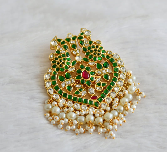 Gold tone green-pink-white kundan jadau pearl beaded peacock pendant dj-50435