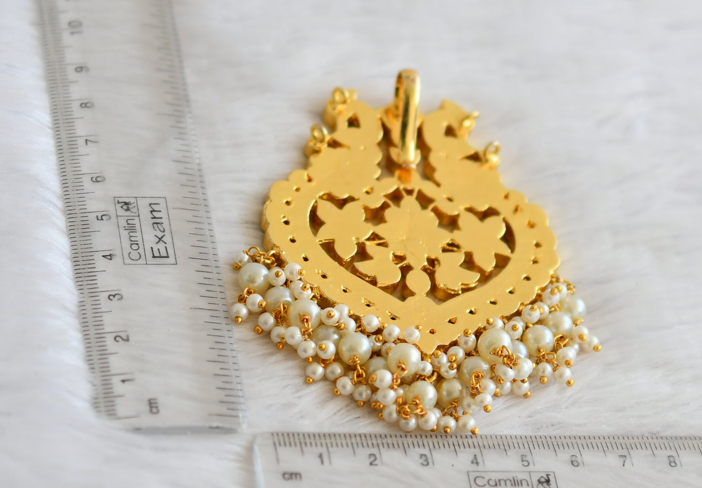 Gold tone green-pink-white kundan jadau pearl beaded peacock pendant dj-50435