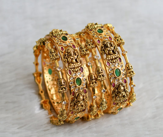 Antique gold tone cz white-ruby-green lakshmi flower combo set of 6 bangles(2.4) dj-48477