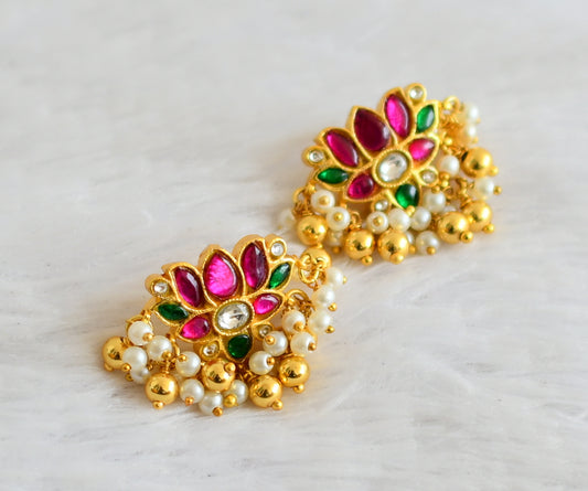 Gold tone pink-green-white kundan jadau Lotus earrings dj-39573