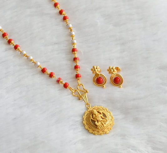 Gold tone coral-pearl beaded 24 inches chain with lakshmi pendant set dj-46731
