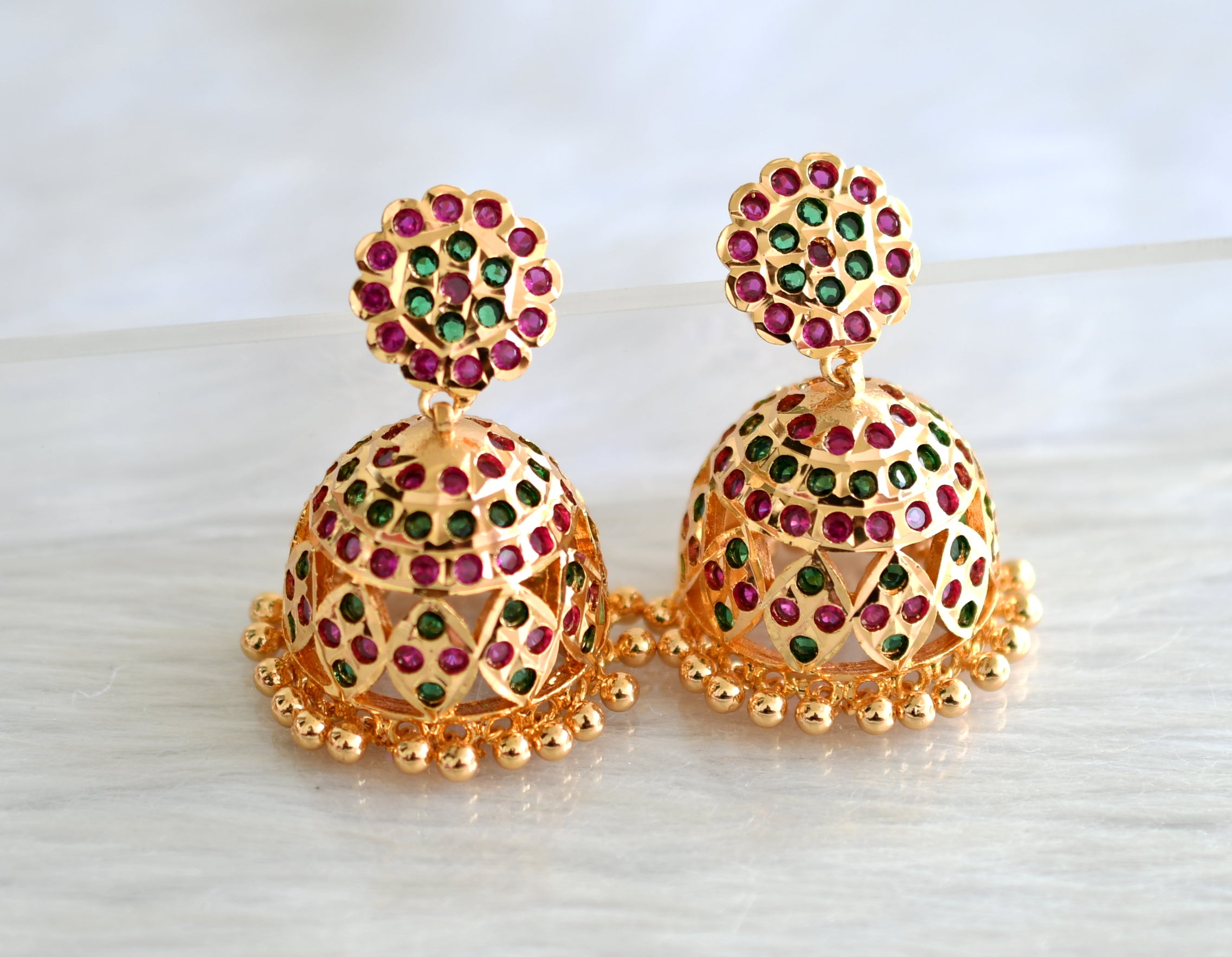 Gold Tone South Indian Ad Stone Pink green Jhumkka Dj 43479 Dreamjwell gold-tone-south-indian-ad-stone-pink-green-jhumkka-dj-43479-dreamjwell