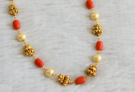 Matte finish coral-pearl beaded lotus mala/necklace dj-48483