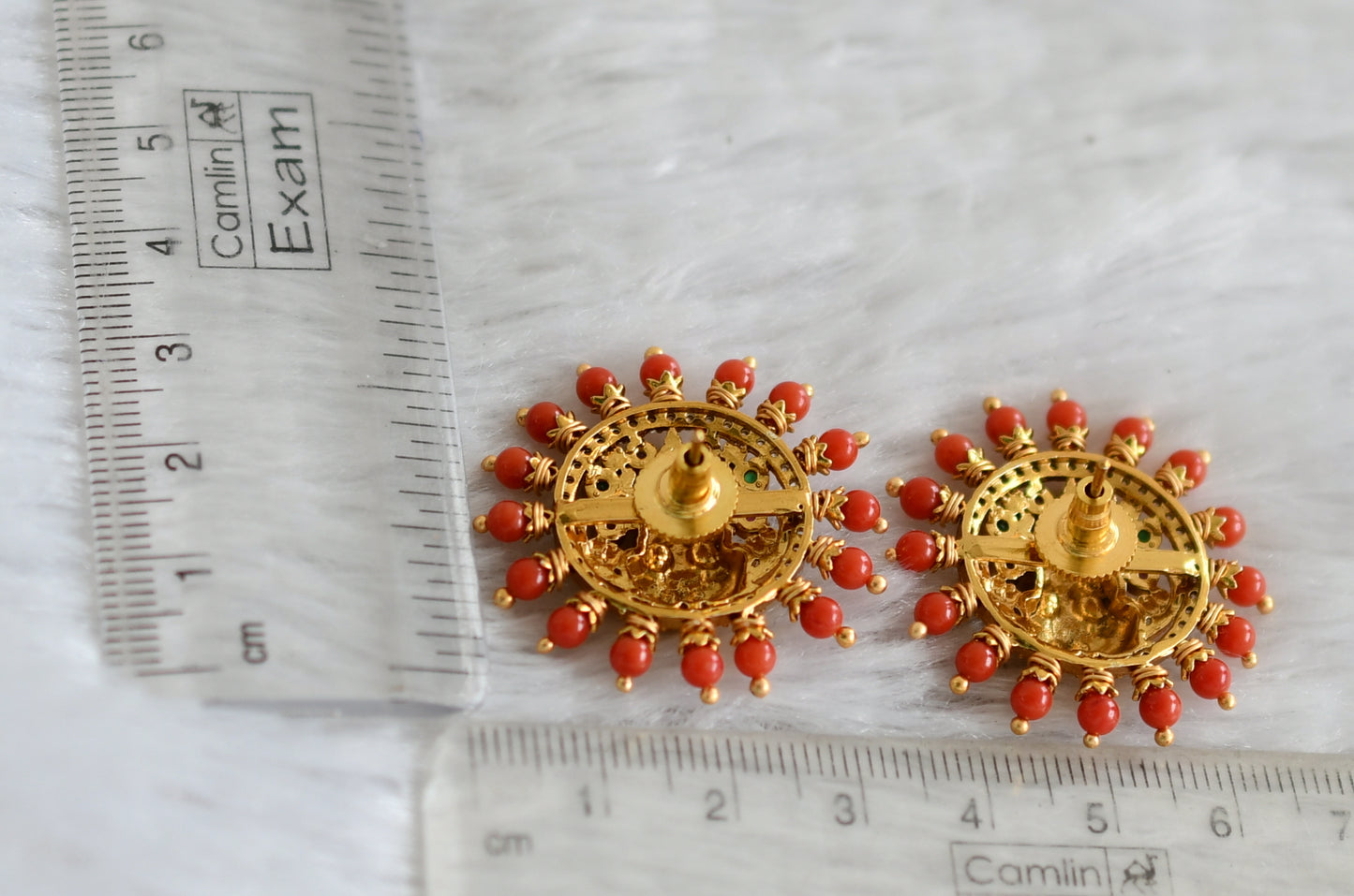 Matte finish cz ruby coral beaded big lakshmi stud dj-48487