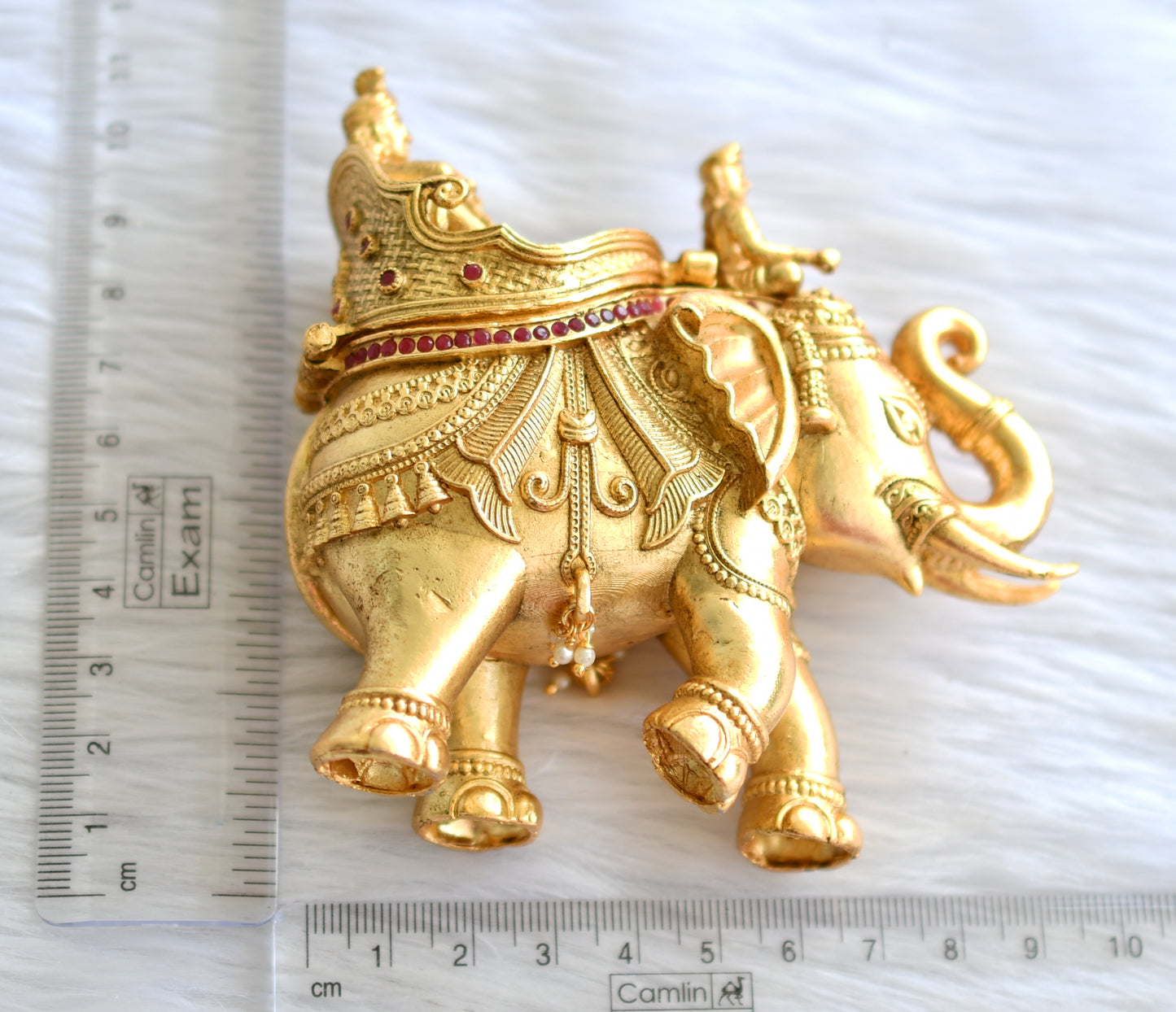 Antique gold tone ruby-green elephant kumkum box dj-43467