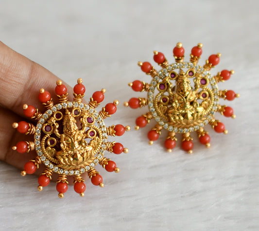 Matte finish cz ruby coral beaded big lakshmi stud dj-48487