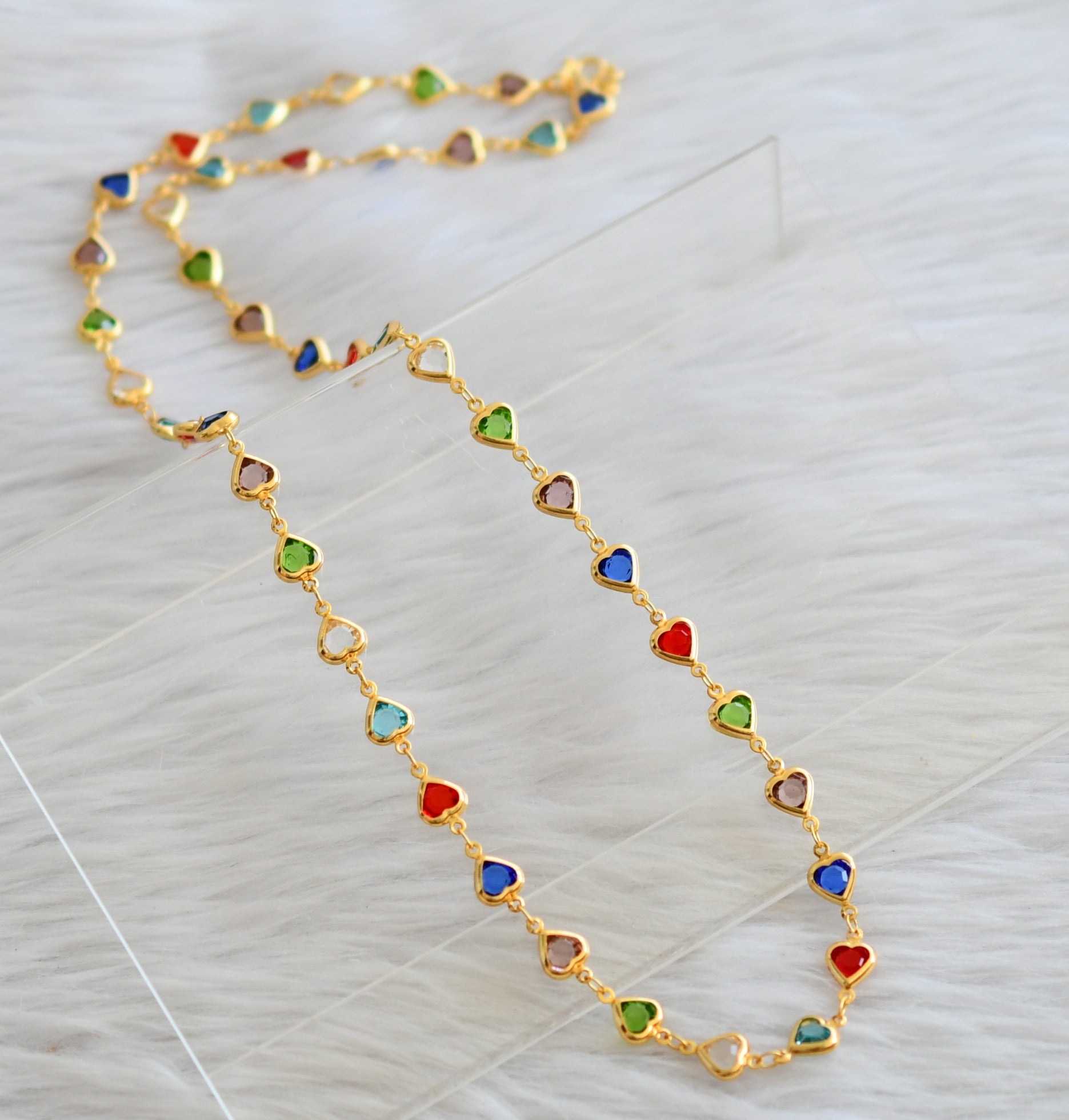 Gold tone 24 inches multi color heart stone chain dj-45038