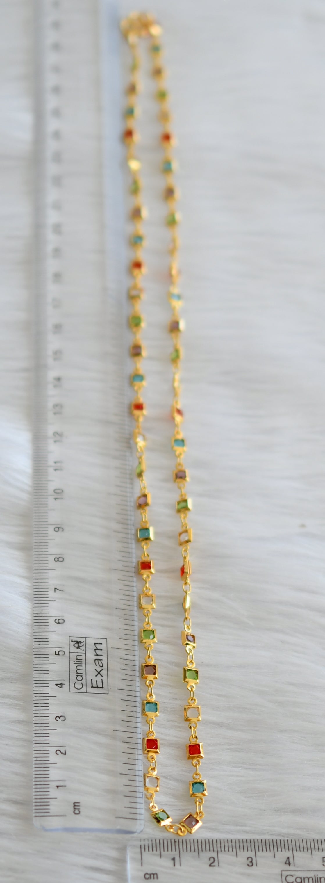 Gold tone 24 inches multi color square stone chain dj-45037