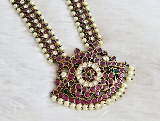 Black finish precious kemp-green-white pearl peacock necklace dj-50441