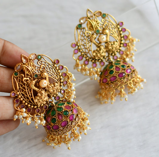 Matte finish ruby-green pearl cluster peacock jhumkka dj-46748