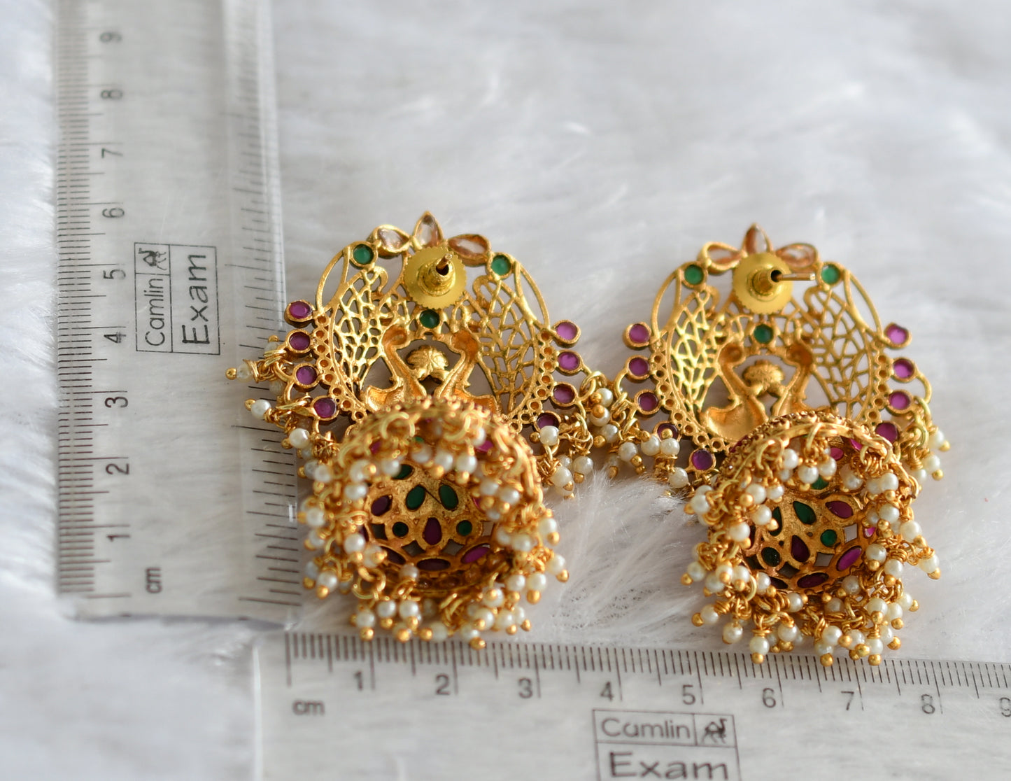 Matte finish ruby-green pearl cluster peacock jhumkka dj-46748