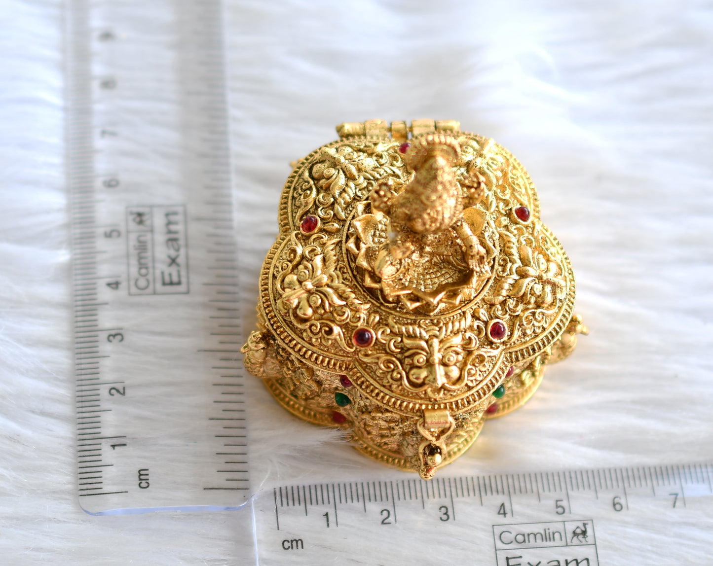 Antique gold tone kemp-green lakshmi peacock kumkum box dj-43466