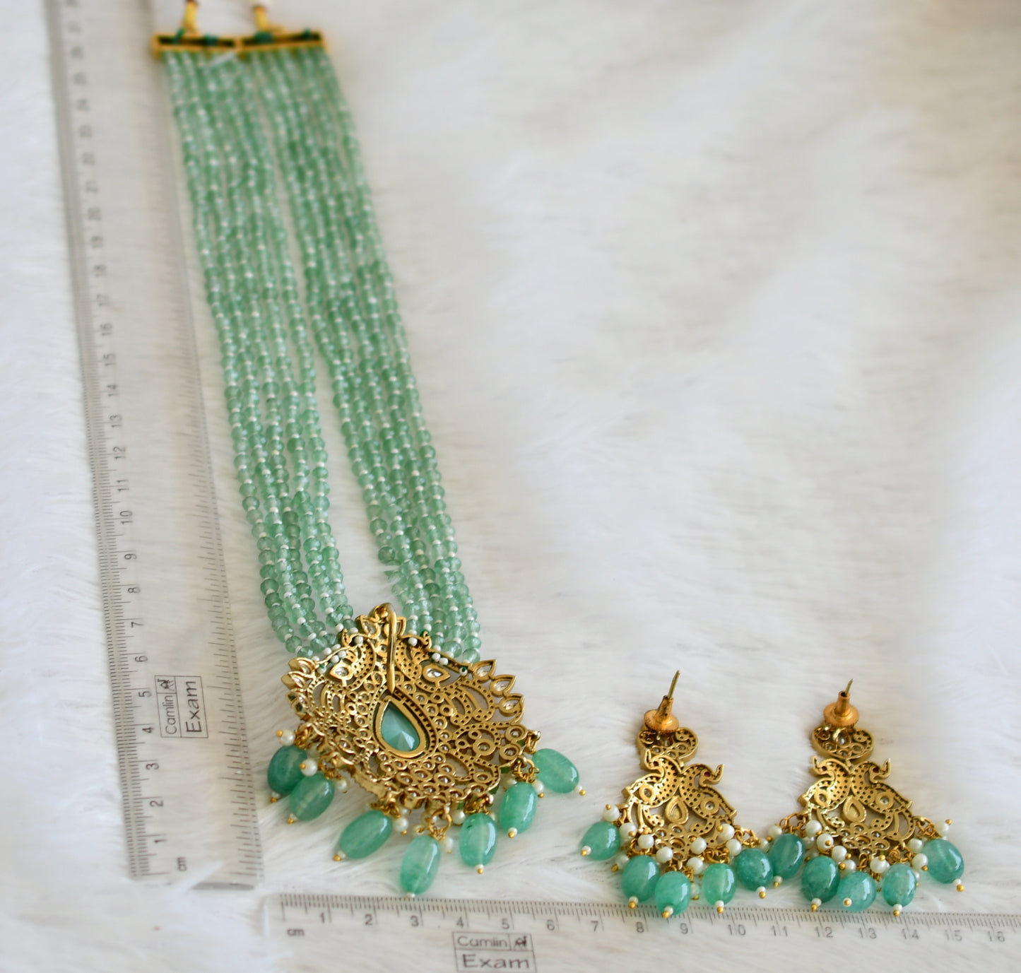 Antique gold tone cz sea green beaded peacock victorian short haar set dj-50458