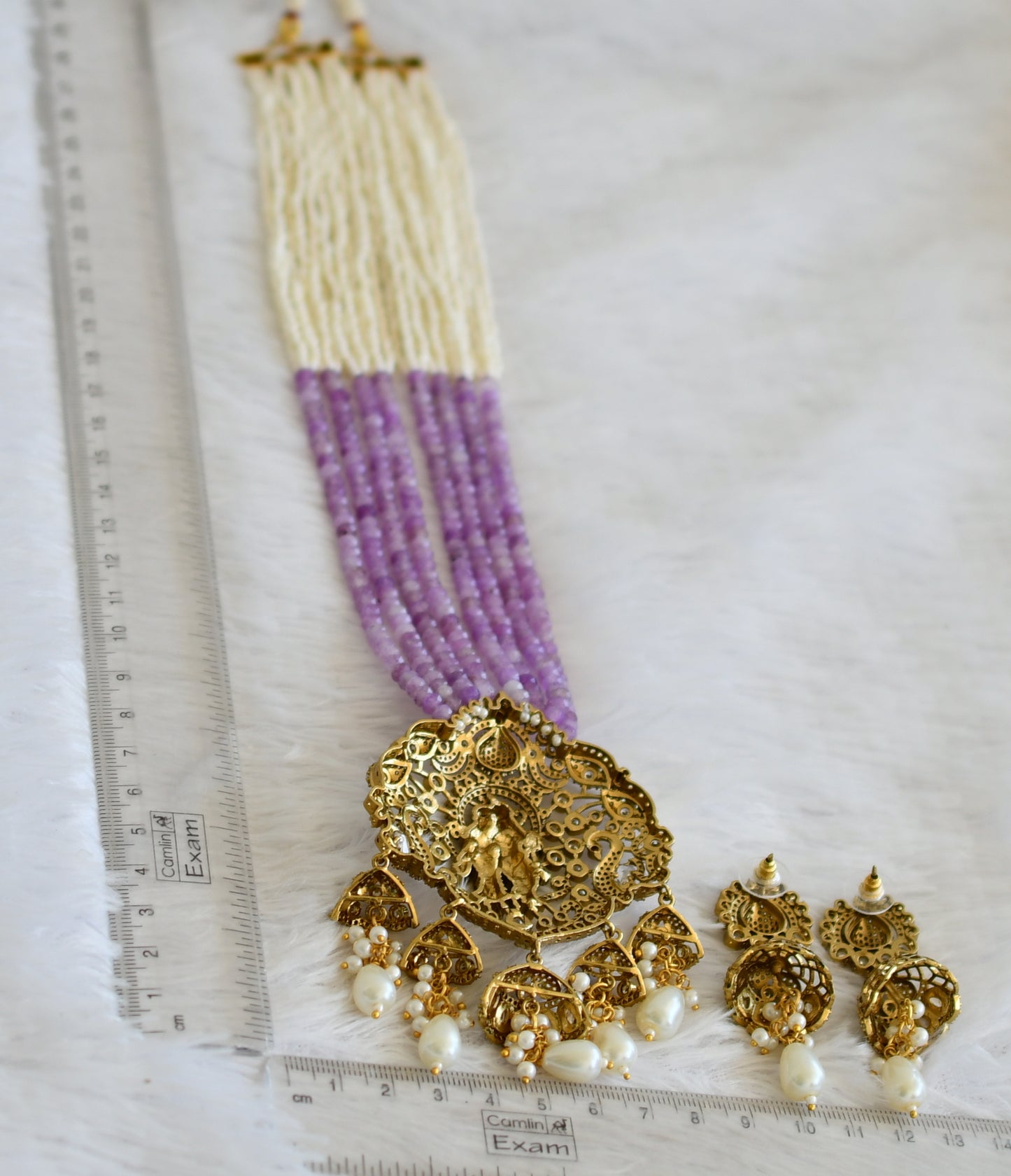 Antique gold tone cz ruby-purple-pearl beaded radhe-krishna victorian short haar set dj-50454