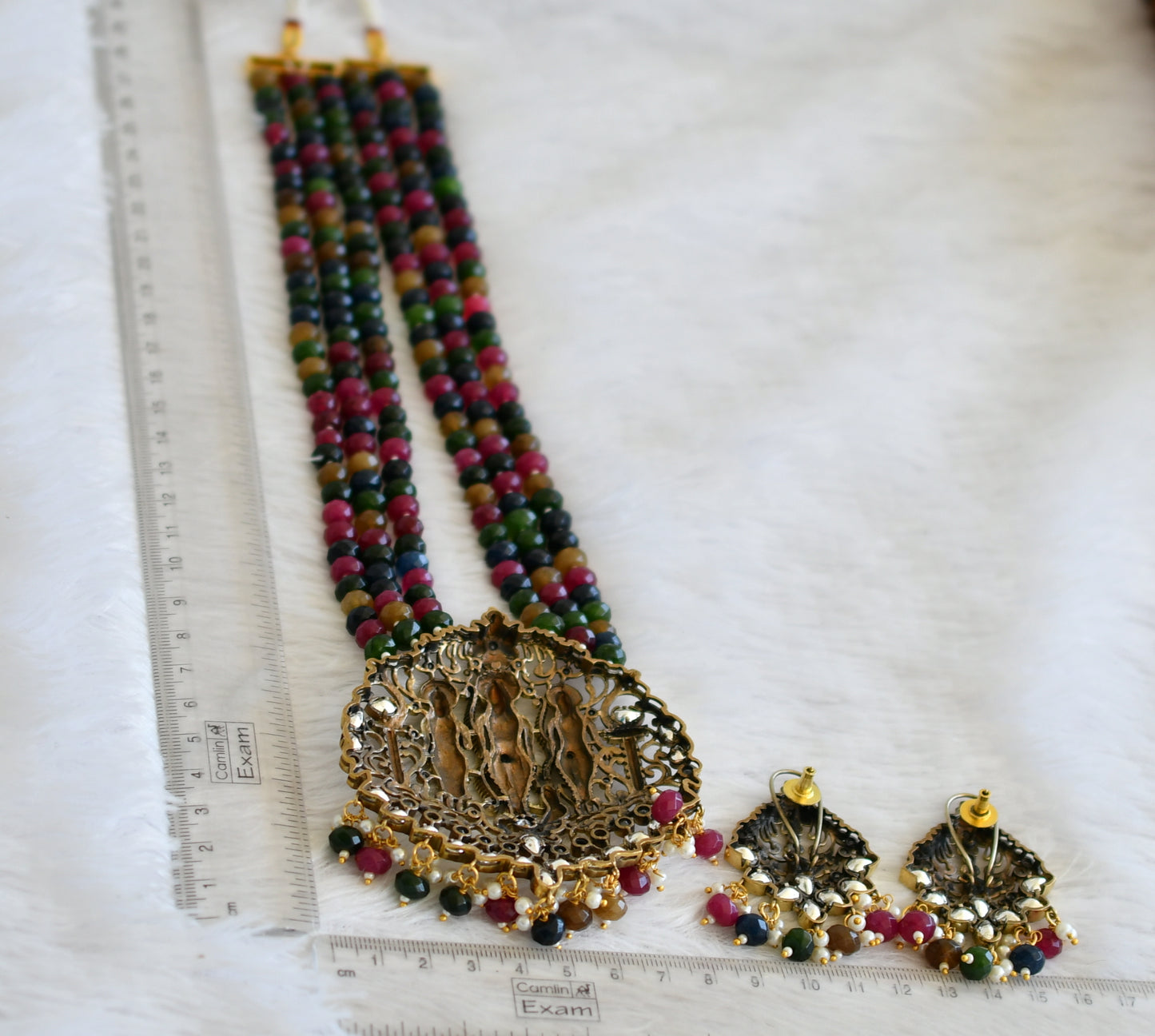 Antique gold tone cz multi color beaded victorian ram parivar short haar set dj-50457