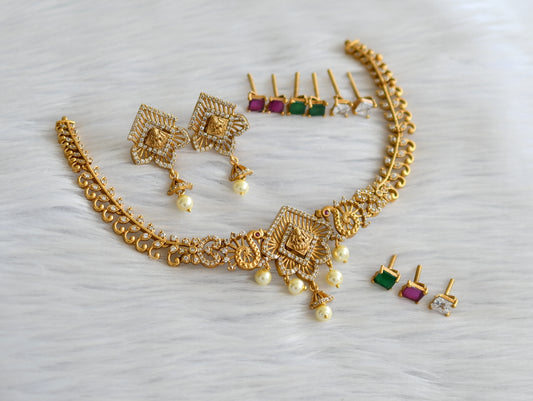 Matte finish cz lakshmi peacock color changeable necklace set dj-43487