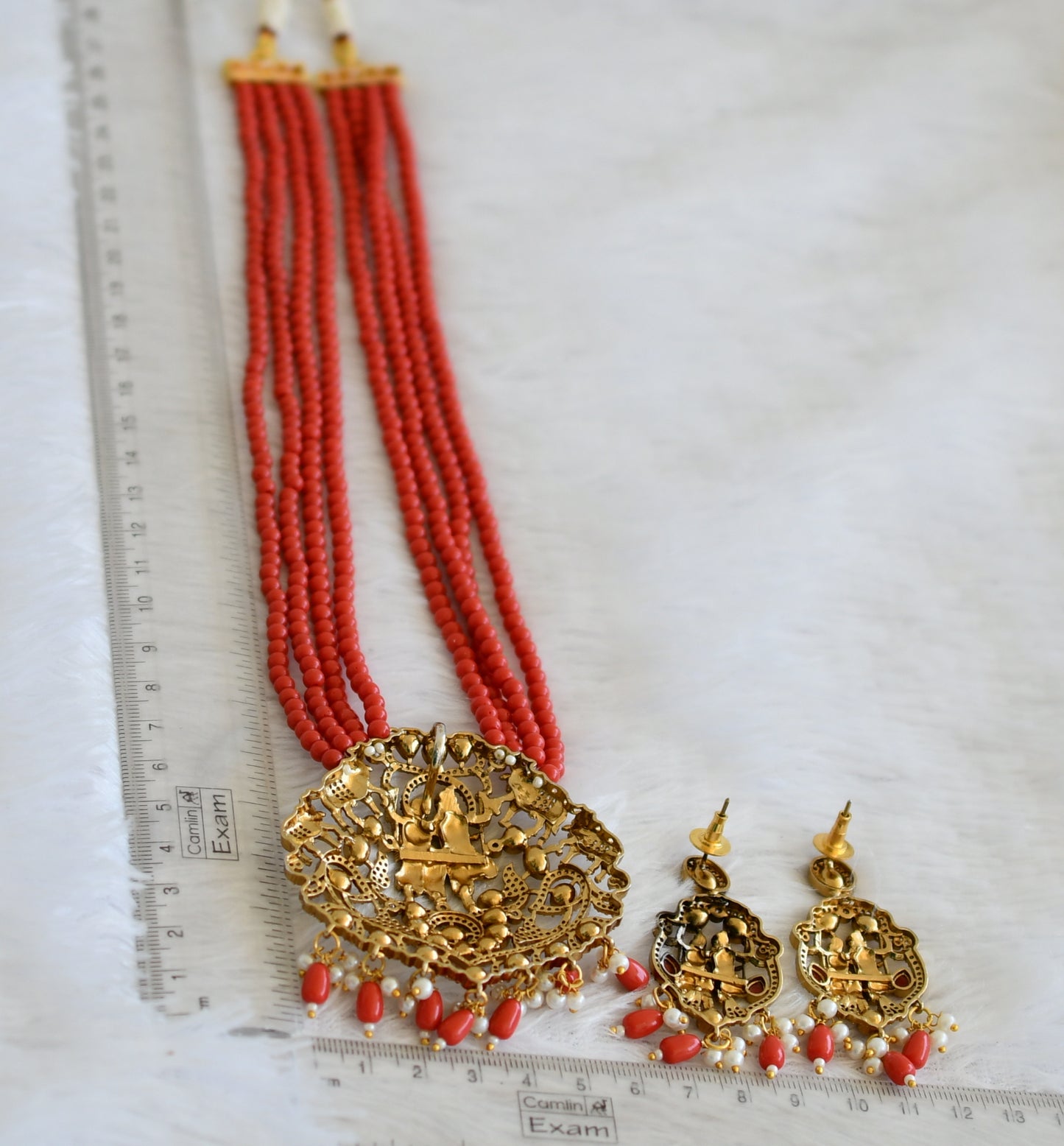Antique gold tone cz coral beaded radhe-krishna short haar set dj-50455