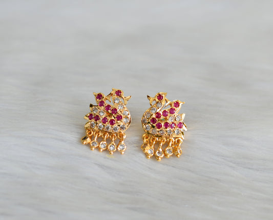 Gold tone ad ruby-white stone swan south Indian earrings dj-42194