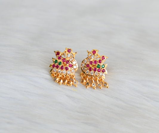 Gold tone ad ruby-white-green stone swan south Indian earrings dj-42195