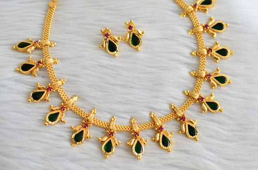 Gold tone kerala style pink-green gopi lotus necklace set dj-45065