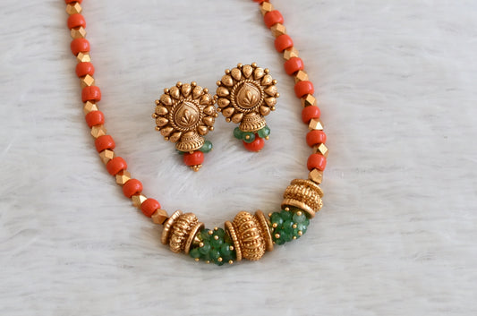 Matte finish coral-green beaded necklace set dj-50460