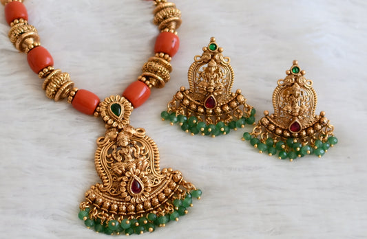 Matte finish kemp-green coral-sea green beaded lakshmi necklace set dj-50467