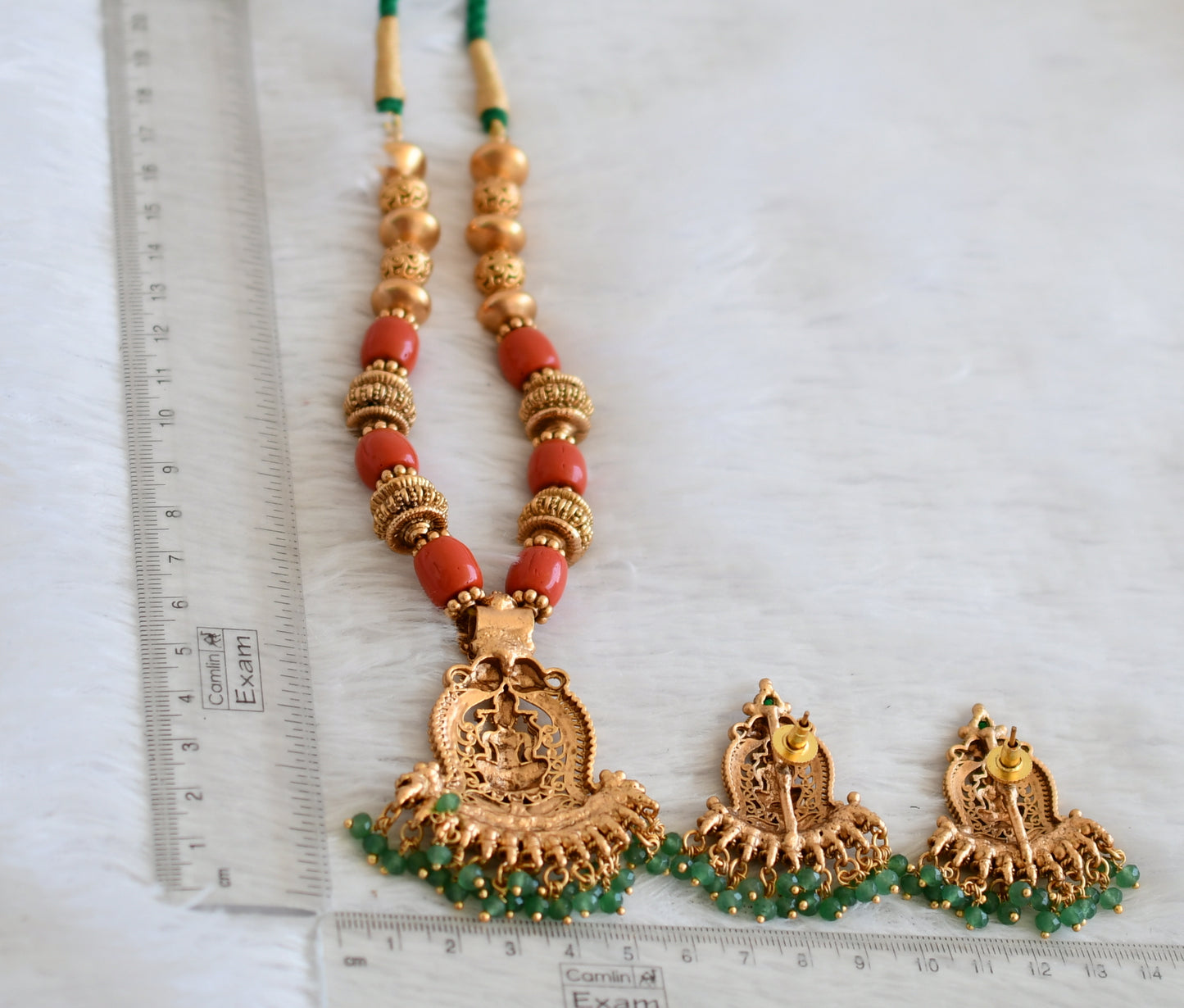 Matte finish kemp-green coral-sea green beaded lakshmi necklace set dj-50467