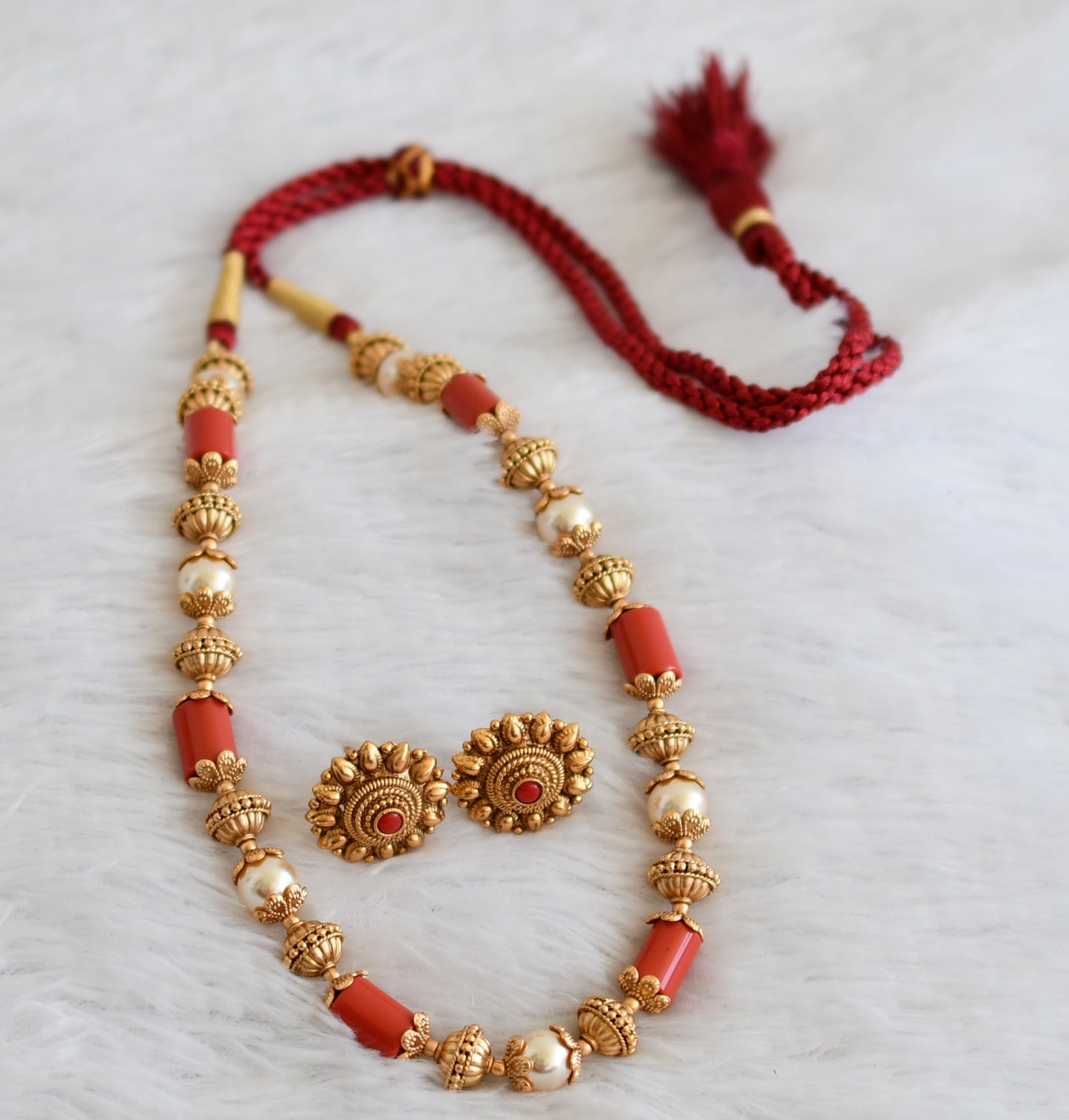 Matte finish coral-pearl beaded necklace set dj-50463
