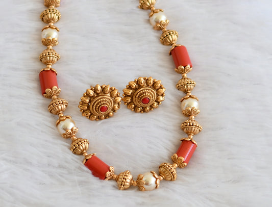 Matte finish coral-pearl beaded necklace set dj-50463