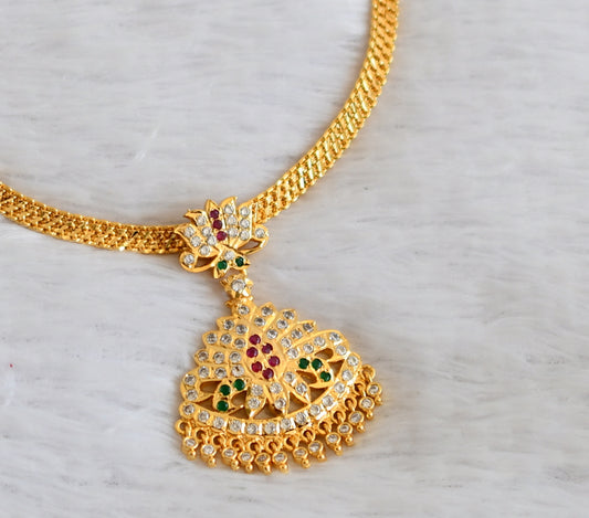 Gold tone south indian style AD pink-green-white lotus attigai/necklace dj-50479