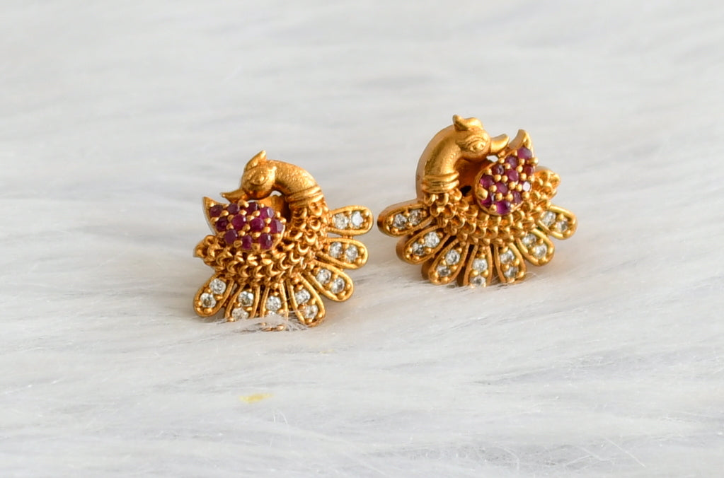 Matte finish ruby-white peacock stud/earrings dj-45076