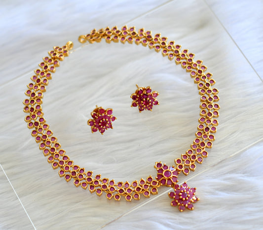 Gold tone ruby stone flower necklace set dj-43515