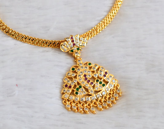 Gold tone south indian style AD pink-green-white shanku lotus attigai/necklace dj-50477