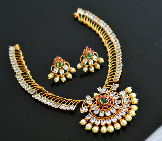 Matte finish cz ruby-green-white pearl necklace set dj-43514